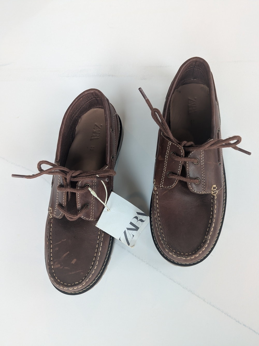 Zara Men's Dark Brown Leather Lace-Up Boat Shoes